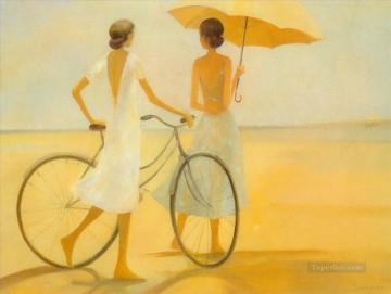 lady with bicycle at beach Oil Paintings